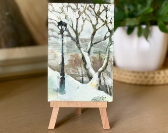 Original Winter Landscape Oil Painting: Snowy Park Impressionism (15x10cm)