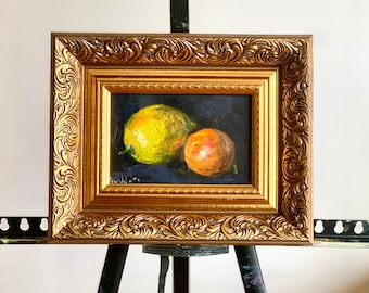 Bodegón de limones vintage: pintura al óleo hecha a mano en marco dorado
