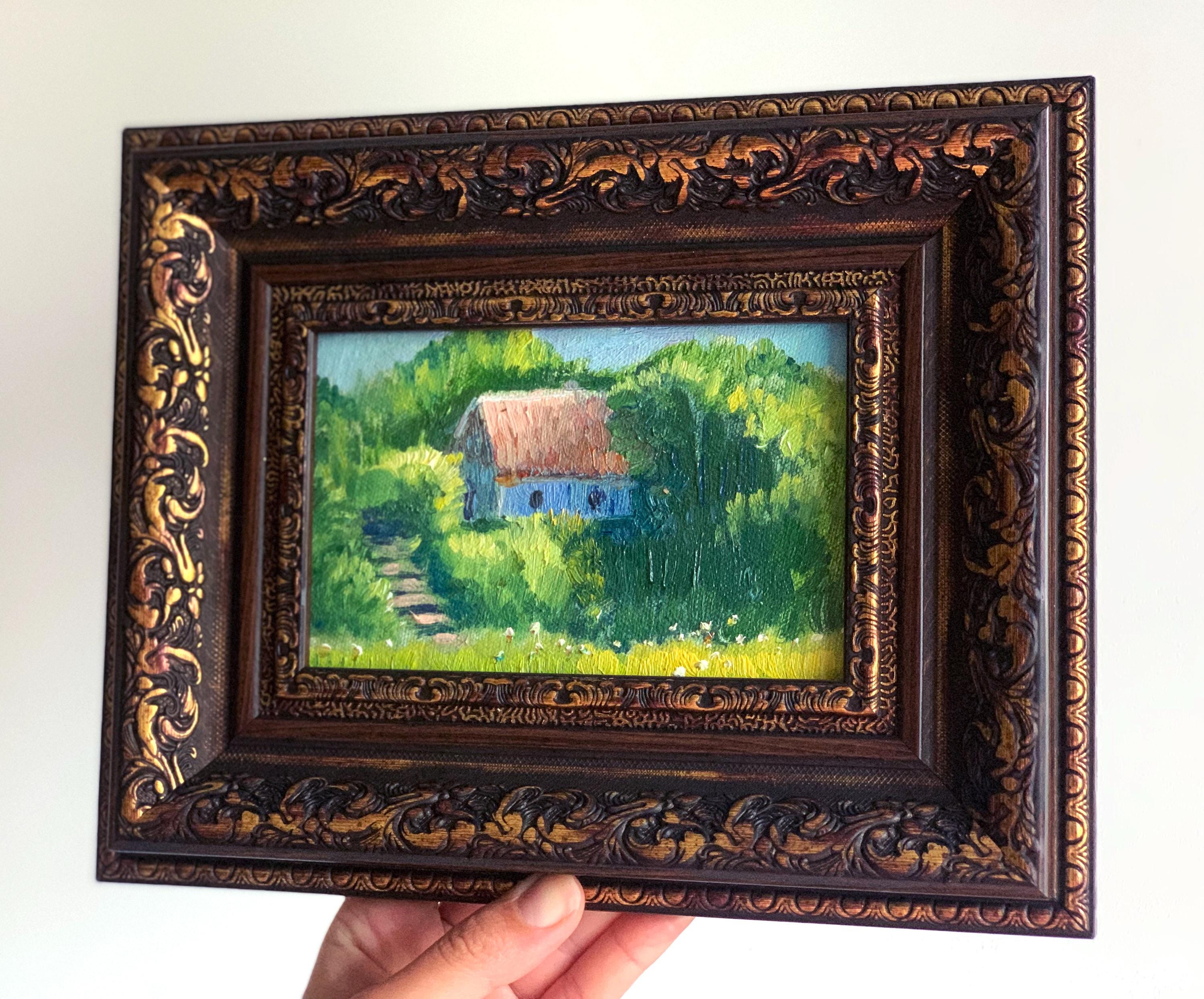 額入り田園風景油絵：金色の木製額縁に入ったオリジナルの村の風景