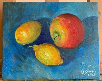 L.ジョーンズ作 - 20世紀半ばの油彩画、果物の入ったボウルと皮をむい