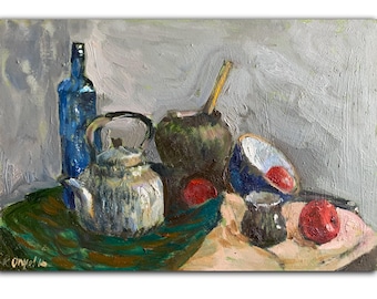Original Still Life Oil Painting: Kettle and Metal Objects, Apples (20 x 30 cm)
