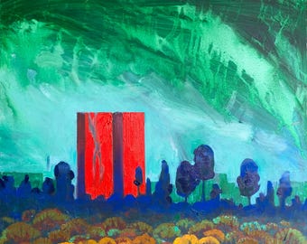 Original City Oil Painting: Surrealist Landscape Art, Urbanist Vivid Cityscape 70x60cm