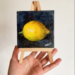 Original Lemon Oil Painting Still Life on Easel (3.93x3.93in)