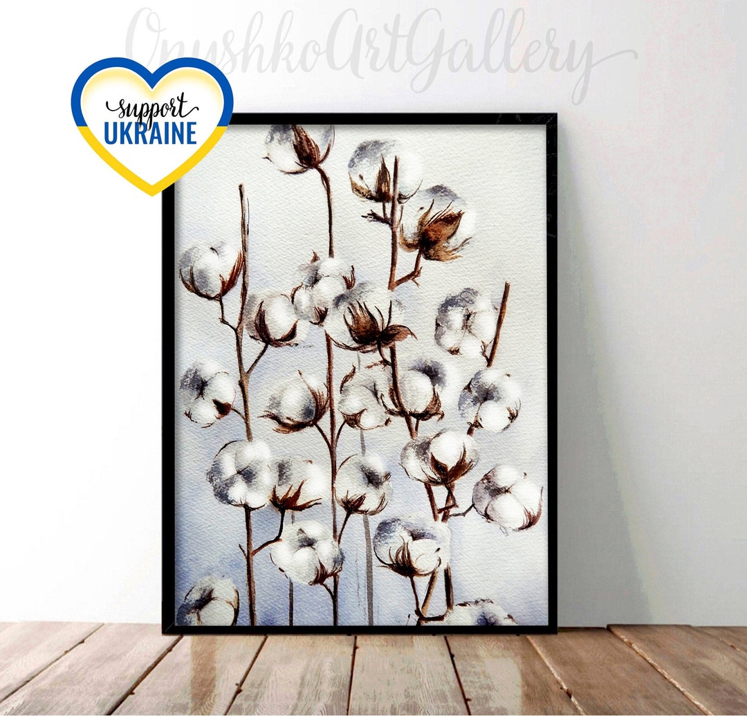 Cotton Flowers Print, Cotton Printable Wall Art, Watercolor White