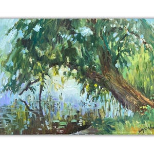 Pintura al óleo de estanque impresionista, pintura original de árboles de la naturaleza, arte al óleo impresionista original, arte de paisaje original, artista ucraniano