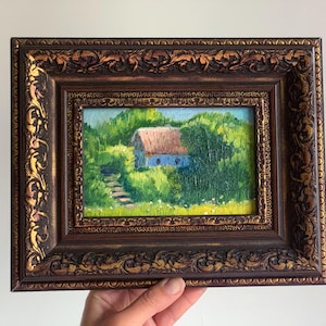Countryside framed landscape painting, Original handmade oil painting in golden frame, Antique house oil painting, Framed village landscape