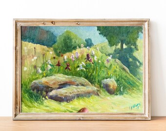 Impressionist Landscape Oil Painting: Village Scene with Irises