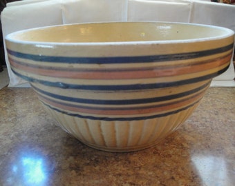 Primitive Red Wing Yellow-Ware , Blue And Pink Bands, Paneled Arches, 10 1/2" Across, Crock Stoneware Bowl.