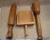 Primitive Old Wood Kitchen Tools, Vintage Wooden, Tamper, Pestle, Scoop