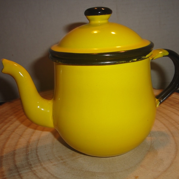 Vintage Enamelware Yellow With Black Trim Tea Pot, One Cup, Made In Japan