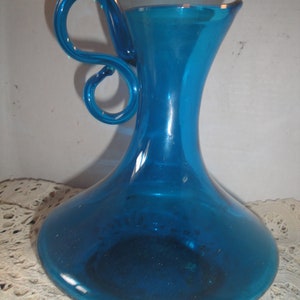 Vintage Blenko Art Glass Ewer, Hand Blown, Aqua Blue Optic, 8&quot; Tall