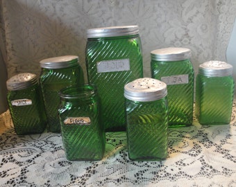 Vintage Green Ribbed Glass Hoosier Pantry Jars, Owens, Illinois, Kitchen Canisters, Salt Pepper, Spices