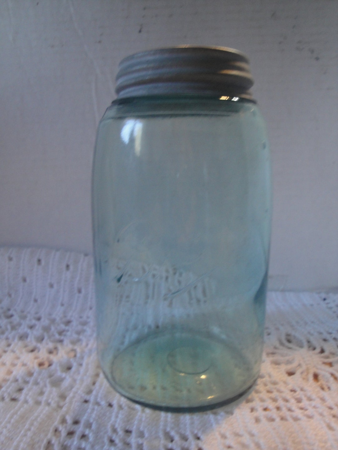 Antique Blue Green Glass Mason Jar Old Zinc Lid Quart Fruit Etsy
