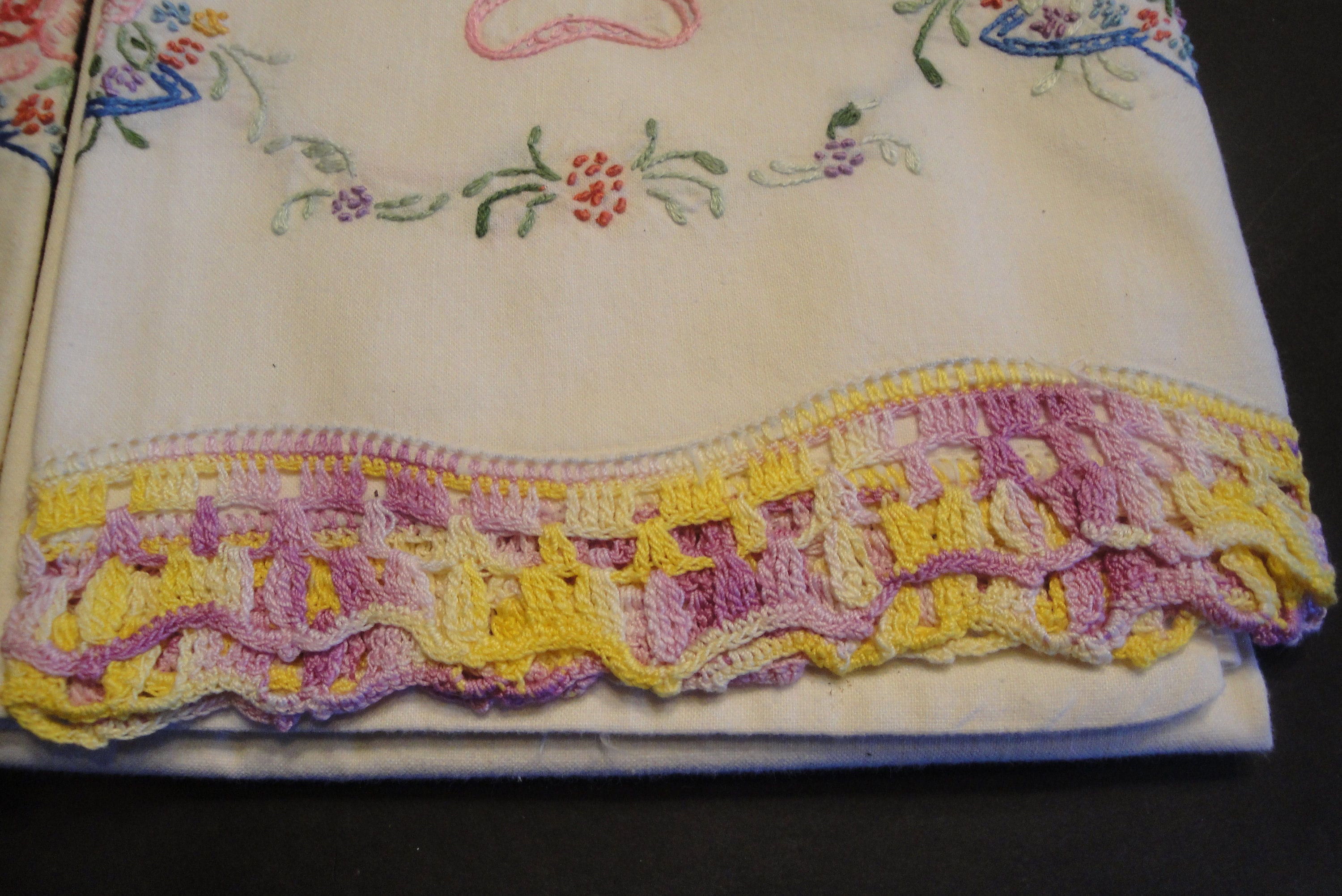 Vintage Cotton Pillowcases With Crocheted Edging Purple and Yellow With