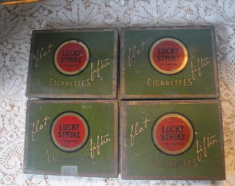 4 Vintage Lucky Strike Flat Fifties Cigarette Holding Tin, Boxes