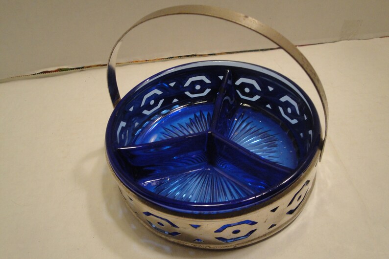 Antique Cobalt Blue Divided Relish Dish With Metal Carrier 3 Etsy