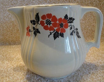 Hall's Vintage Superior Red Quality Kitchenware Red Poppies Pitcher Jug Ewer Mid-Century, Beverage Pitcher 6 1/2" Tall