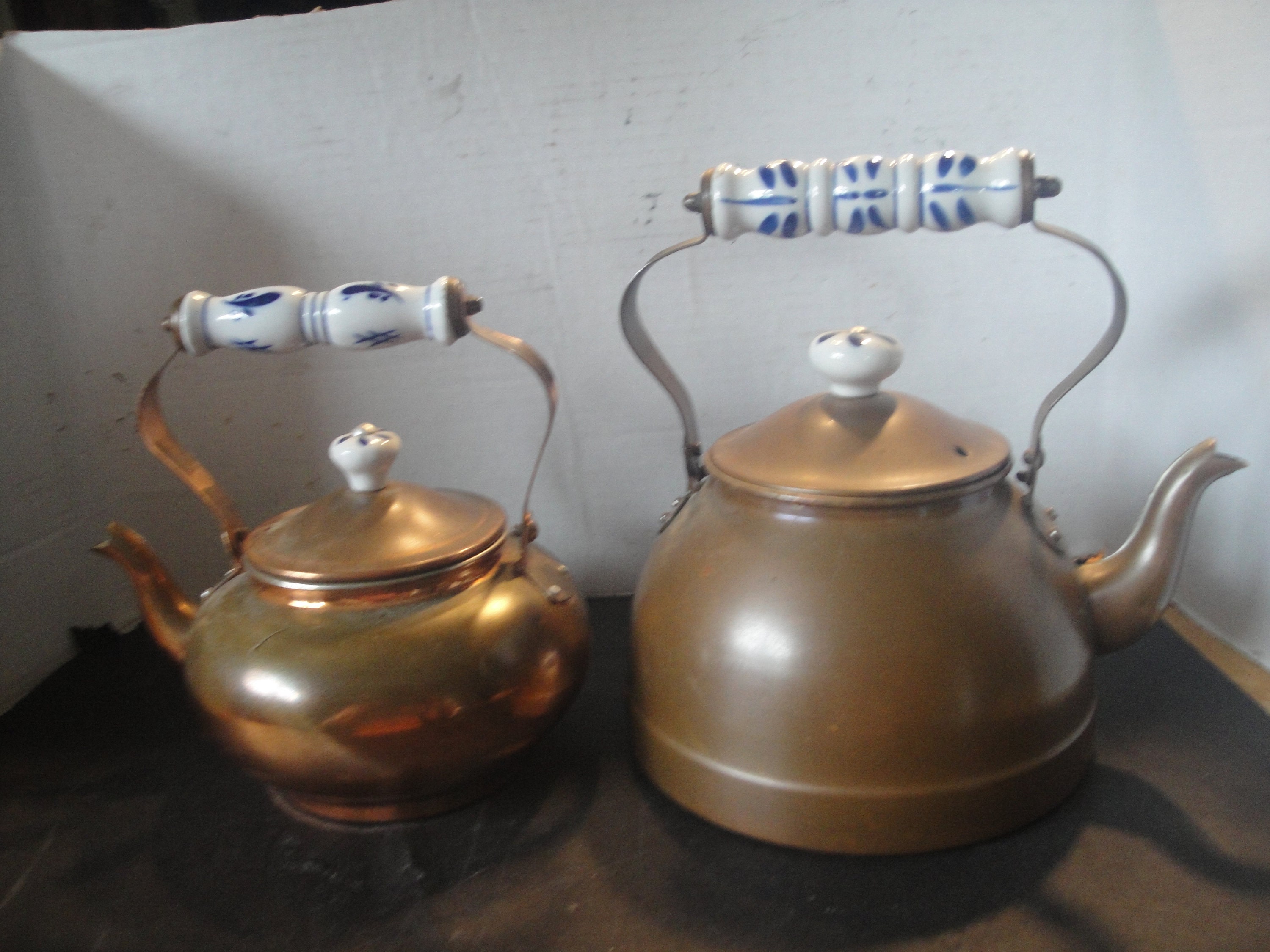Vintage Copper Teapots Blue and White Delft Porcelain Handles Etsy