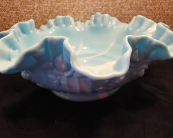Fenton Cabbage Rose Blue And White Marble Slag Glass Ruffled Edge Bowl Or Dish, Victorian Elegance