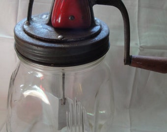 Vintage SCC 4 Quart Clear Glass Butter Churn Square Red Top And Wood Handle With Metal Blades
