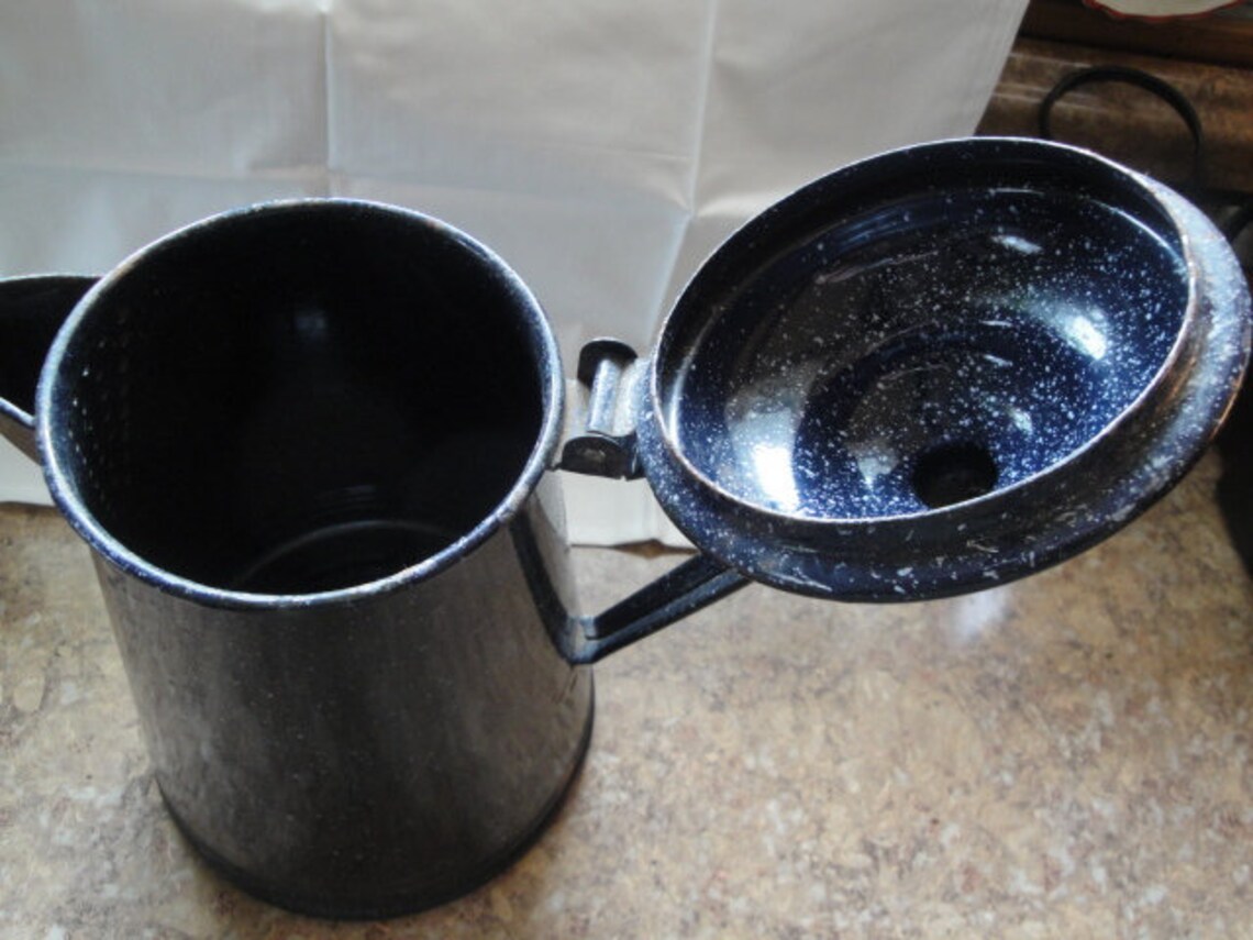 Dark Blue With White Specks Enamelware Coffee Pot With Hinged Etsy