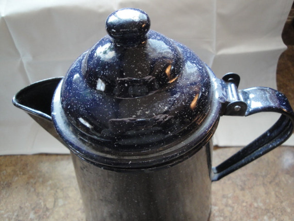 Dark Blue With White Specks Enamelware Coffee Pot With Hinged Etsy