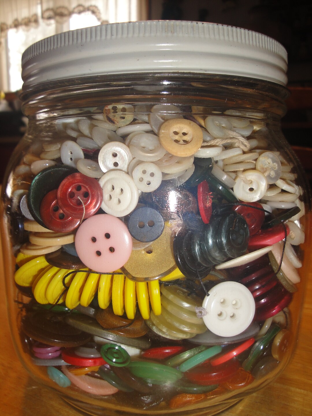 Vintage Button Collection, Old Glass Hoosier Type Jar Full of Buttons