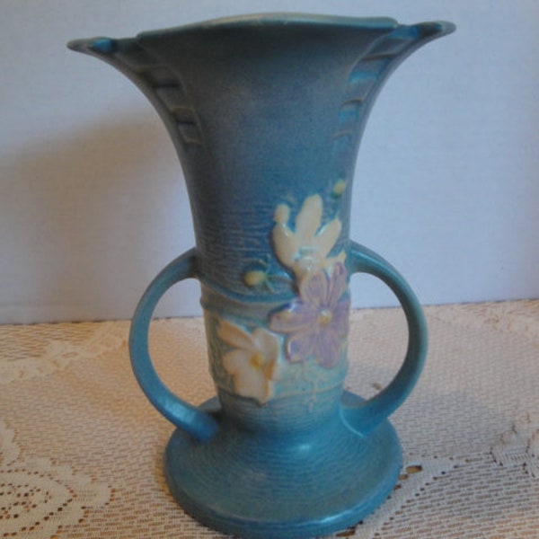 Roseville Pottery "Cosmo" Vase 1940's Blue Vintage Signed # 947 - 6