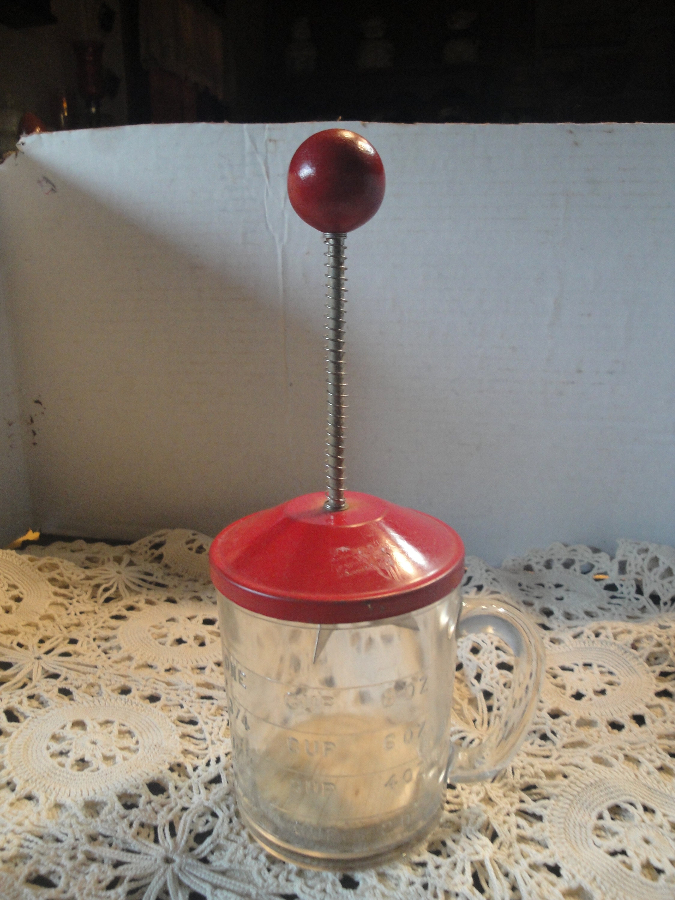 Nut Chopper Manual Glass Measuring Jar Spring Action Red Wood Vintage Farm  House