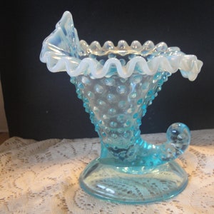 Fenton Art Glass Blue Opalescent Hobnail Cornucopia Style Candle Holder Or Vase