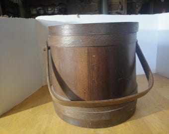 Vintage Staved Wood Sugar Bucket, Vintage Wooden Firkin Pail With Handle And Lid, Vintage Farmhouse Decor.