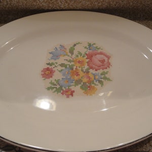 The Harker Pottery Co. Serving Platter With Cross Stitch Design Petite Point Floral Design