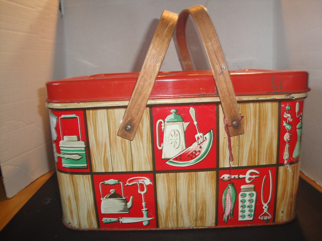Vintage Tin Picnic Basket With Wood Handles, Decoware Kitchen Ware