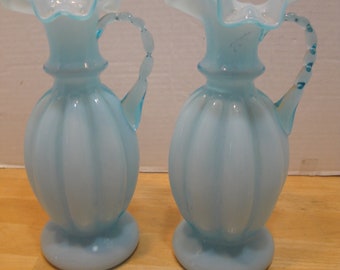 Fenton Set Of 2 Blue Overlay Milk Glass Fenton Art Vintage Melon Pitchers With Ruffled Crest And Matching Twisted Blue Handles
