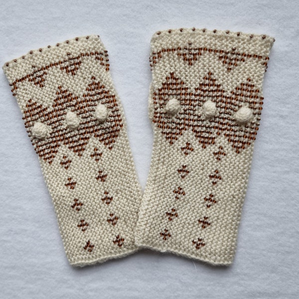 Handgestrickte Armstulpen, fingerlose Handschuhe mit eingestrickten Perlen, Halbhandschuhe, Perlentaucher, Pulswärmer