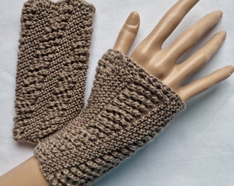 POIGNETS tricotés à la main, gants sans doigts avec perles tricotées, demi-gants, plongeurs de perles, chauffe-poignets, laine beige