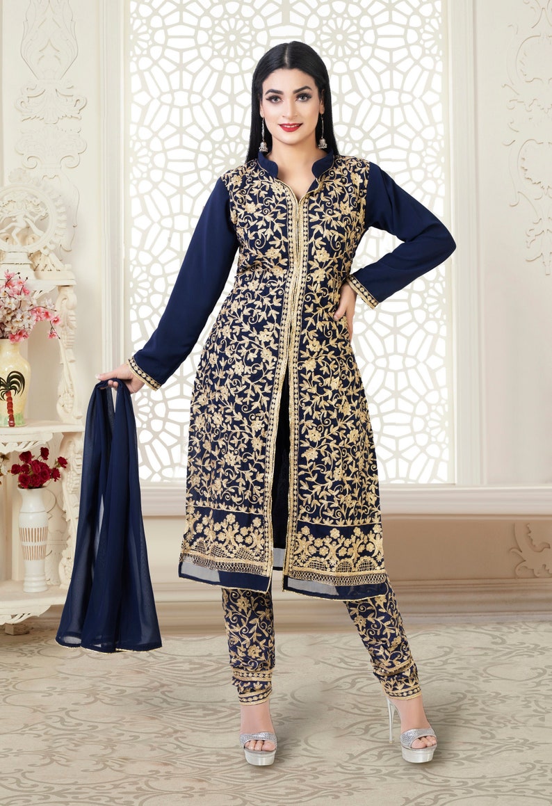 New Latest Golden Zari Work Anarkali Designer Anarkali With Dupatta For Party /& Wedding