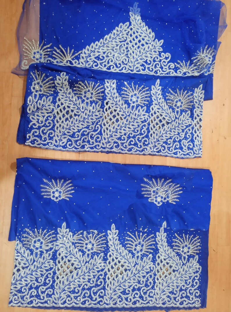 Nigerian Blue George Wrapper Heavy Beaded Stone Taffeta Silk George Fabric with Blouse