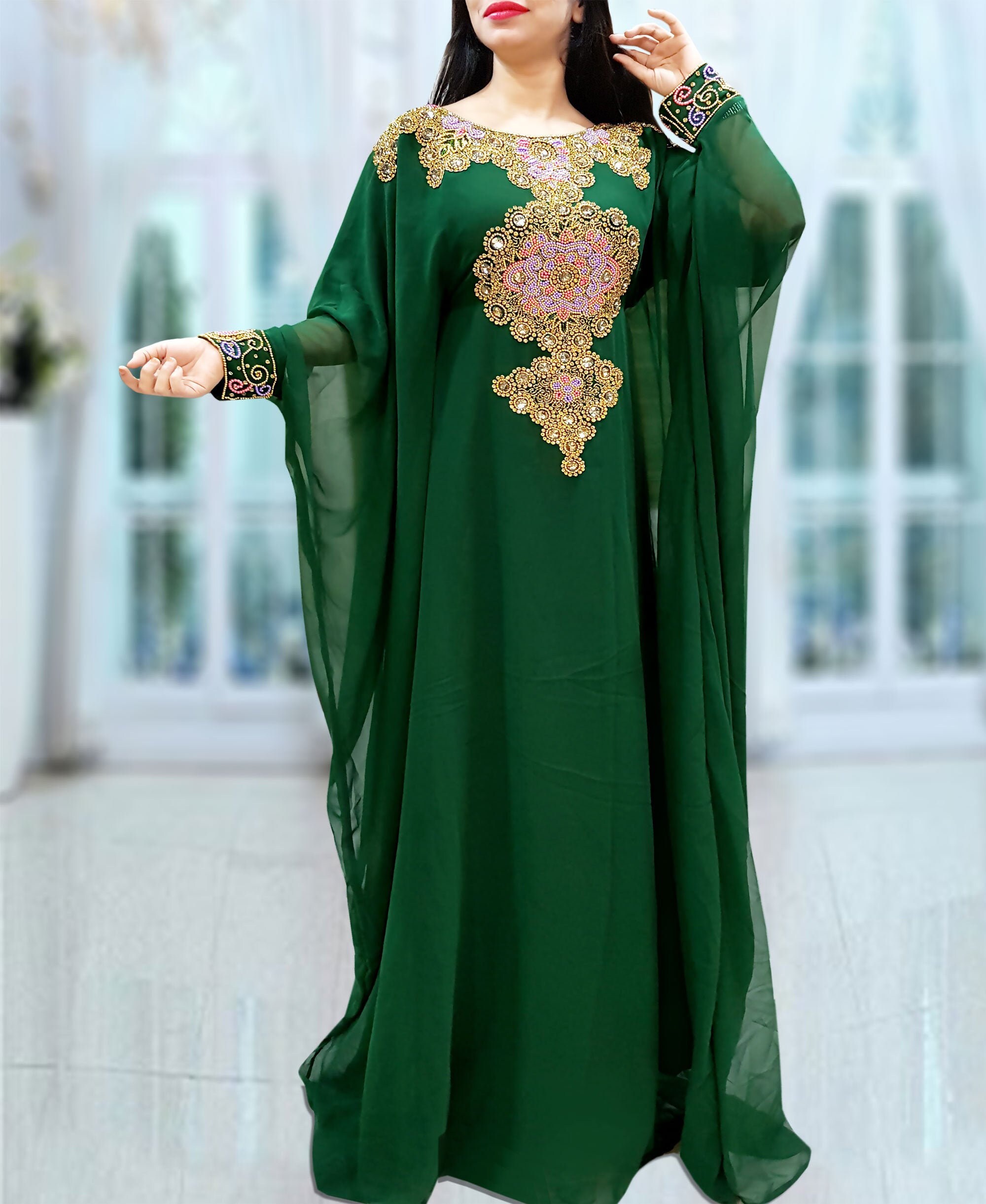 Elegant Moroccan Beaded Abaya African Green Maxi Dresses for Etsy