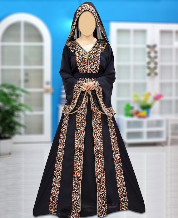 Evening Dubai Abaya Moroccan Beaded Plus Size Kaftan Black Etsy