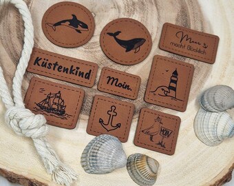 Kunstleder Patch, Label, Meer, Maritim, Küstenkind, Meer macht glücklich, Wal, Orka, Anker