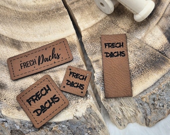 Kunstleder Falzlabel; Label, Frechdachs, 50x20 mm, 30x30 mm & 20x20 mm graviert