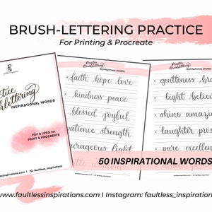 May include: Three printable worksheets for practicing brush lettering. Each worksheet features a pink background with black text and includes 50 inspirational words to practice writing. The words are divided into three categories: faith, kindness, blessed, patience, courageous, gentleness, light, shine, laughter, and pure.