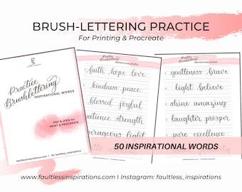 Brush Lettering Practice Sheets | 50 Inspirational Words (PDF, Procreate)