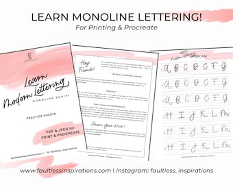 Monoline Lettering Practice Sheets | Calligraphy Worksheet (PDF and Procreate)