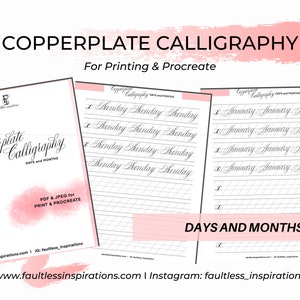 Maanden, dagen kalligrafie oefenbladen | Kalligrafie oefengids | Koperplaat kalligrafie | Copperplate-oefening PDF, JPG Procreate
