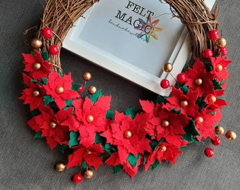 Poinsettia Chrismas wreath, Festive door wreath, Christmas decorations, Door decorations, Traditional Red and Green floral wreath