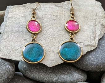 Antique bronze deep aquamarine and vibrant magenta dangle earrings. Boho earrings