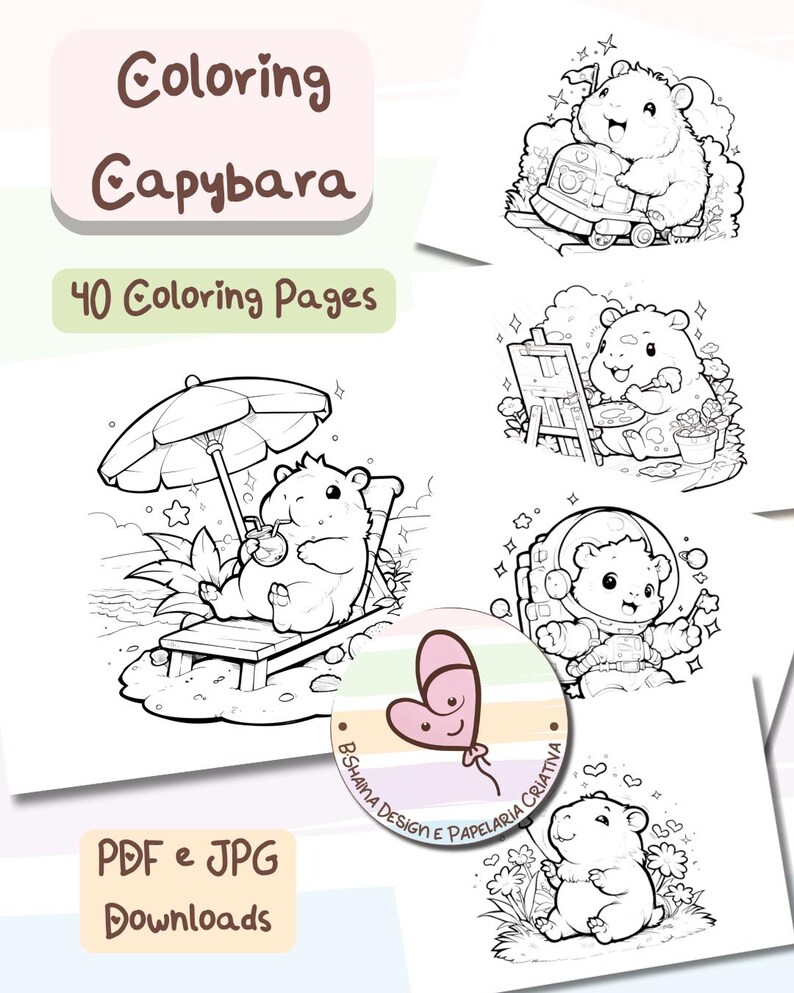 Cute Capybara Coloring Book – Printable PDF | 40 Adorable Pages for ...