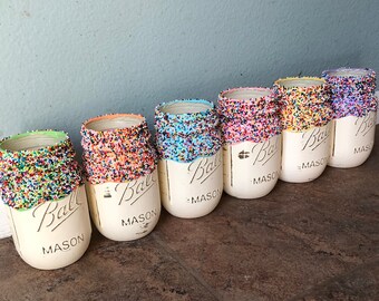 Sprinkle mason jar | tons of color options | cup cake ice cream donut party centerpiece themed decor | home decor accents | baby shower